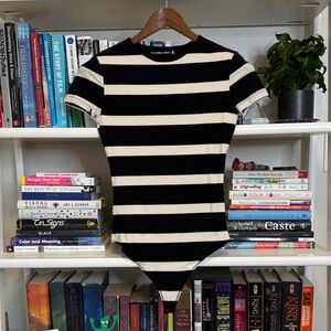 Abercrombie & Fitch Black and Cream Striped Bodysuit Size Medium